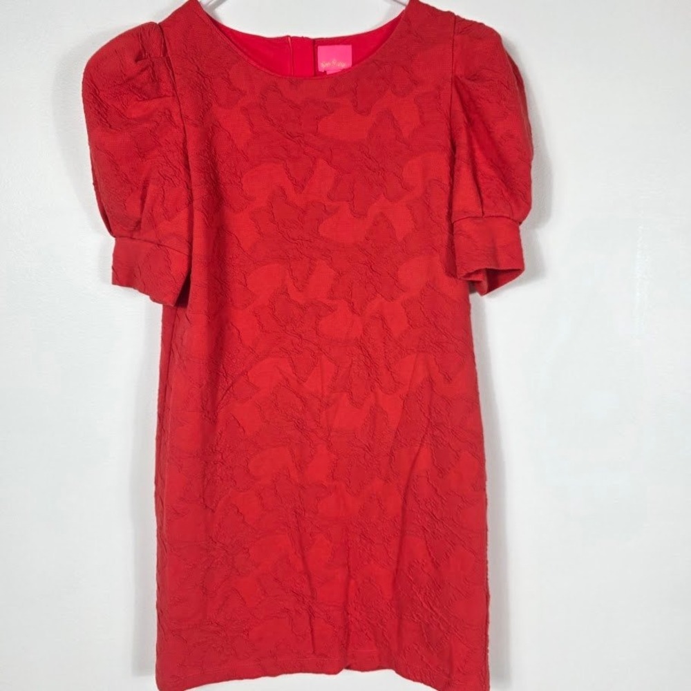 Lilly Pulitzer Kids Red Textured Puff Sleeve Dress Size 10 12